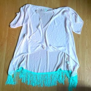 Small LuLaRoe kimono style top. Light pink with aqua fringe. Like NEW!